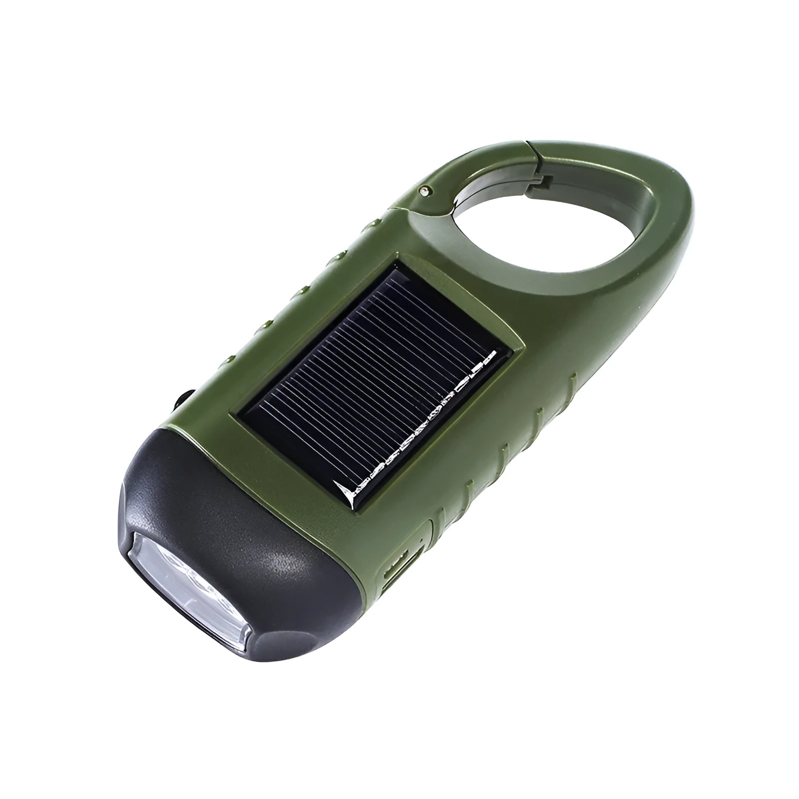 Hand-crank and solar-powered olive green LED emergency flashlight with USB charging port
