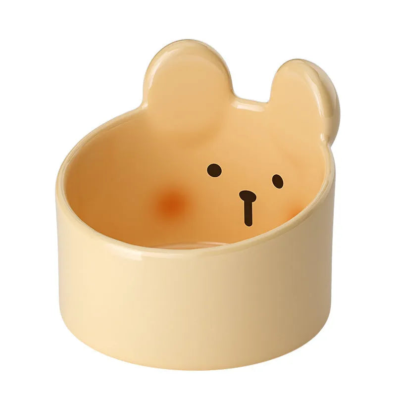 Ceramic pet bowls with neck protection design in white rabbit and brown bear patterns for dogs and cats