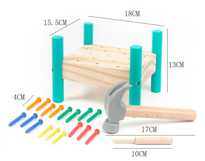 Wooden knock table with 17 colourful nails, hammer and reverse knock on khaki wood base