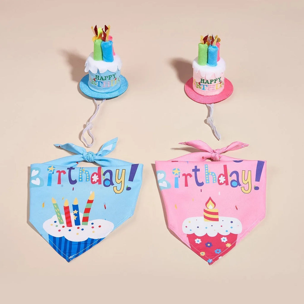 Printed polyester dog birthday hat and drool towel set in cartoon style with blue and pink colour options.