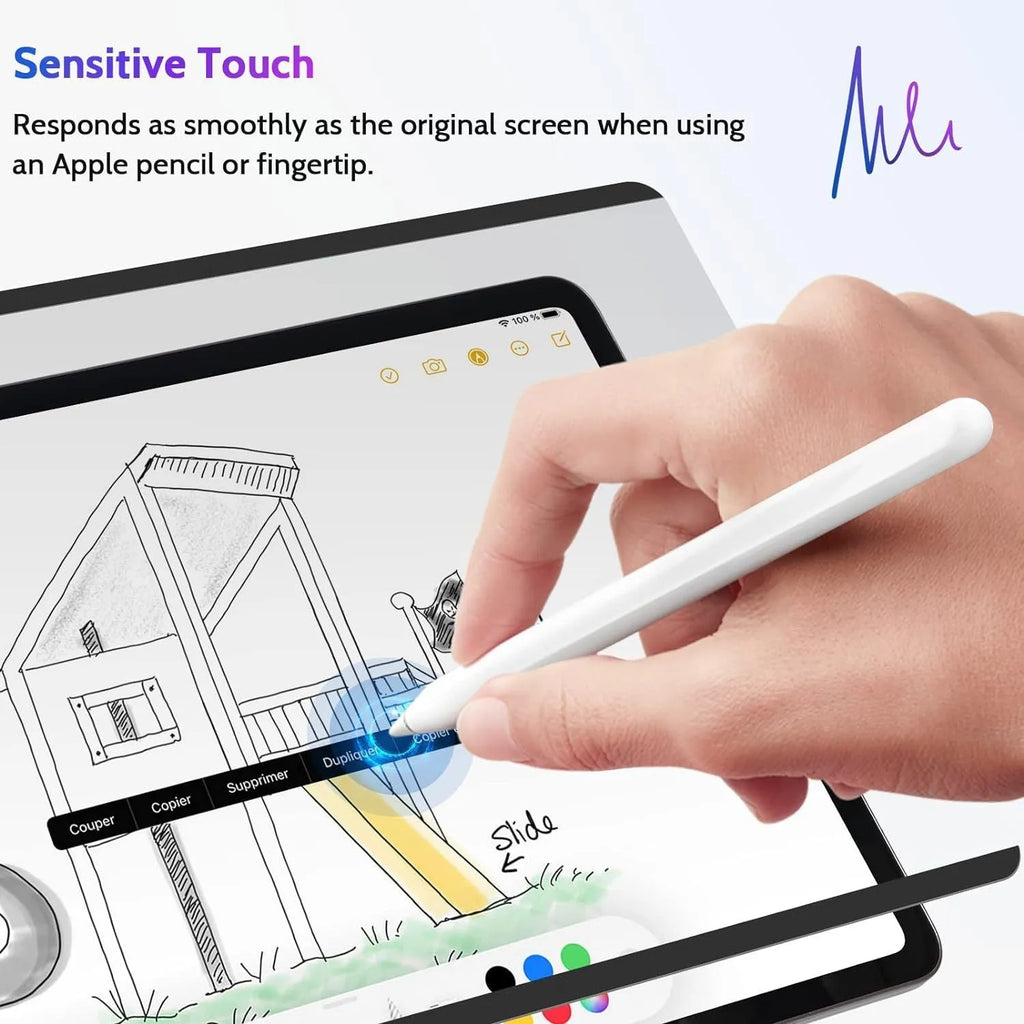 Magnetic suction iPad privacy screen protector film with storage clip on an iPad Pro.