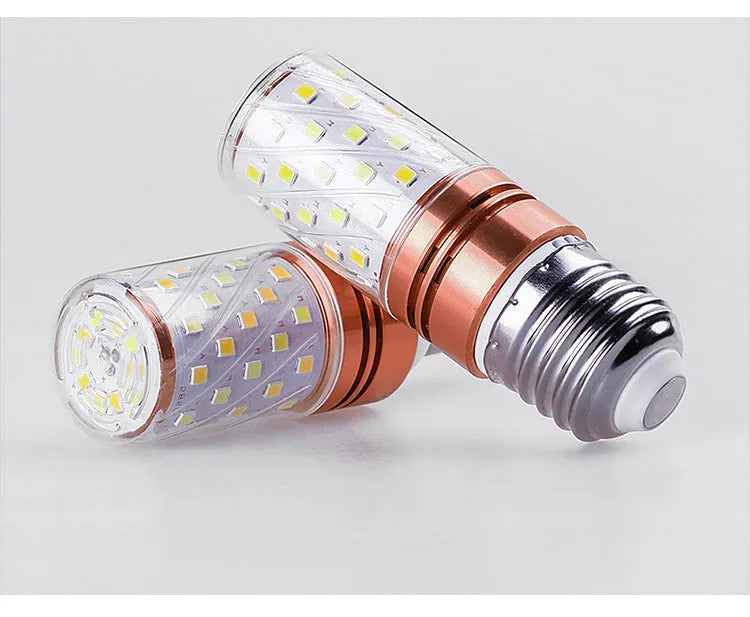 E14 12W LED corn light bulb showing 60 yellow LED beads on a clear background.