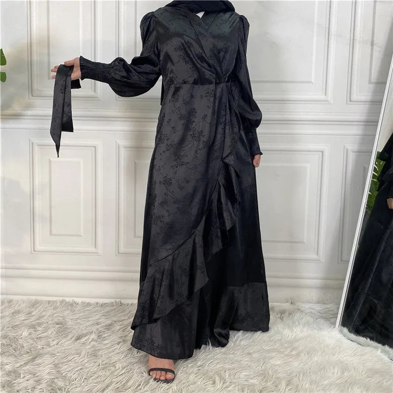 Women's green polyester satin patchwork Muslim dress with long sleeves and full coverage