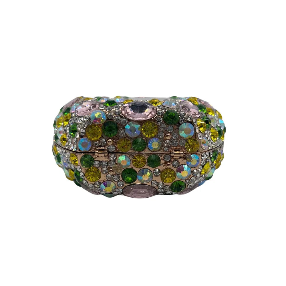 Hard alloy women's clutch bag with full diamond detailing and three-dimensional pocket design