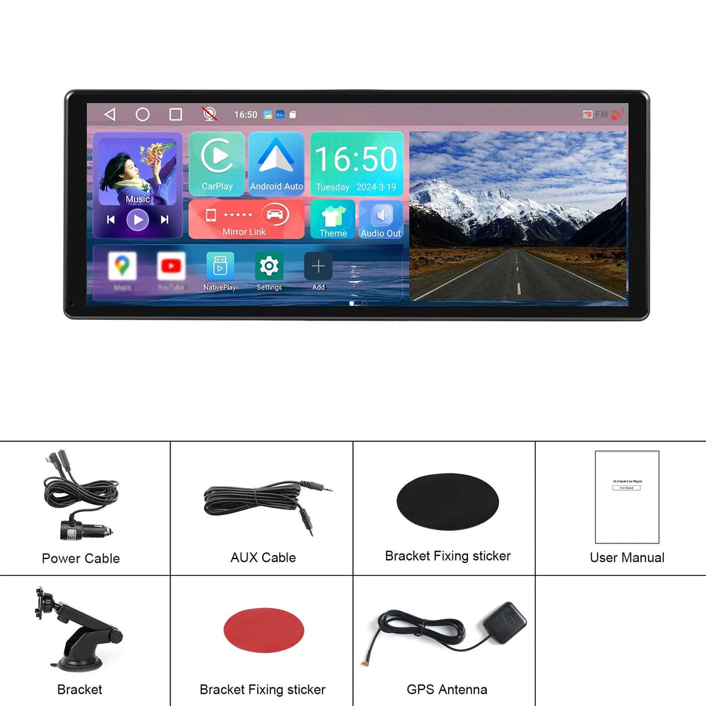 11.3-inch Android car touchscreen display on dashboard with wireless CarPlay and Android Auto shown on screen.
