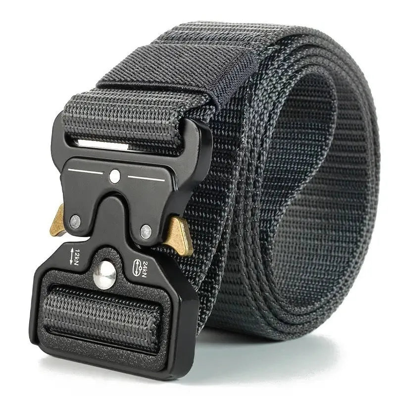 Men's tactical canvas belt with alloy release buckle in Army Green colour on a neutral background.