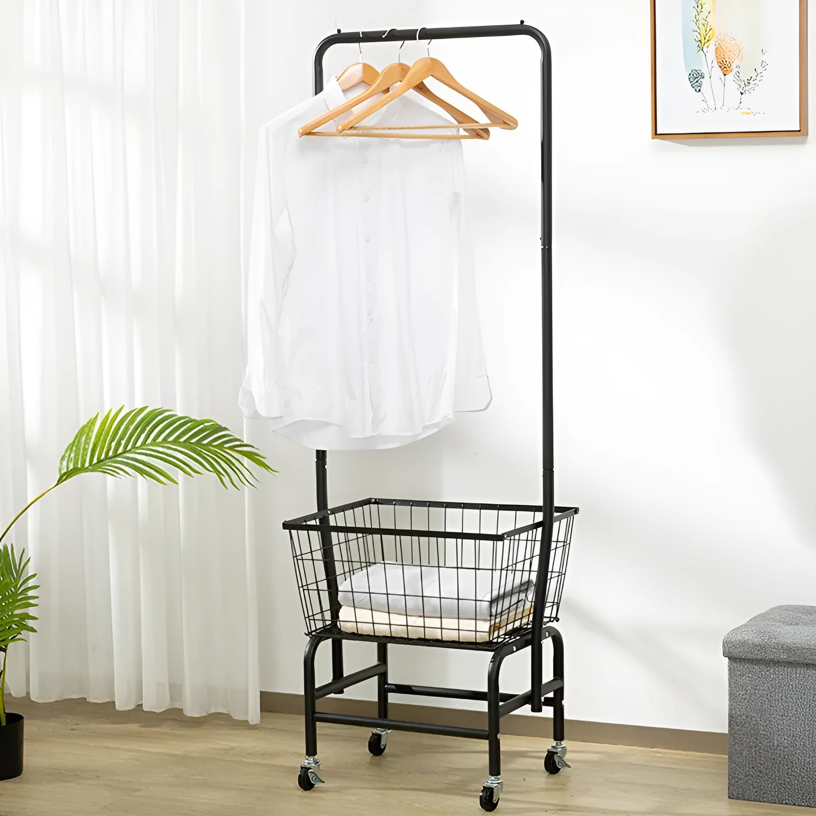 White iron single rod pulley storage car for hanging clothes in a wardrobe