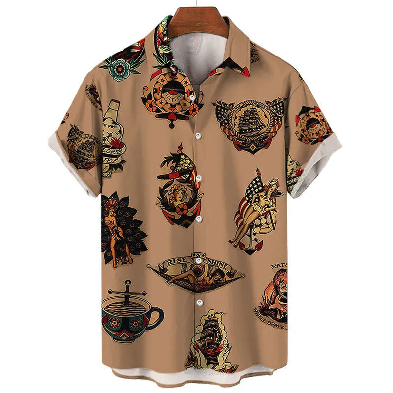 Men's 3D digital print Hawaii short sleeve polo collar cardigan shirt in polyester, available in multiple colours and sizes S to 5XL