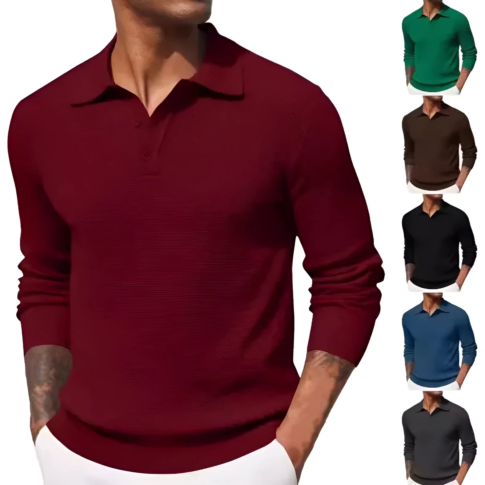 Men's solid colour long-sleeved polyester top in wine red, casual style, autumn wear