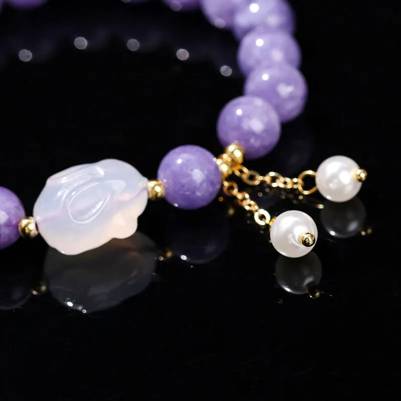 Purple aquamarine agate rabbit bracelet with geometric charm, handcrafted jewellery for women.