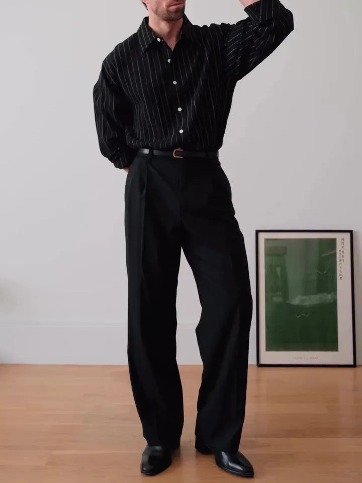 Black pinstriped men's button-down shirt with long sleeves and a regular fit.