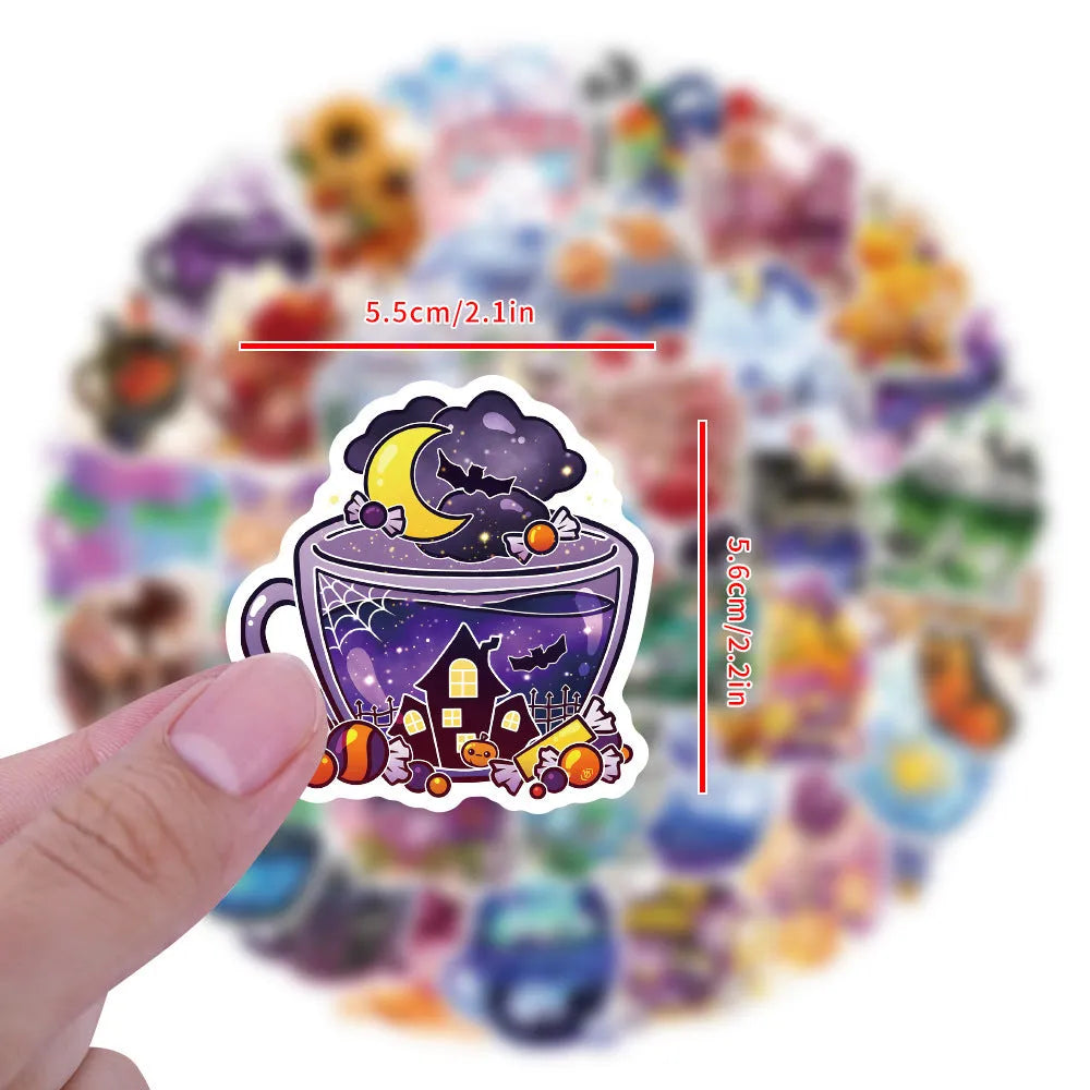 A sheet of colourful tea cup graffiti design waterproof vinyl stickers for DIY personalisation.