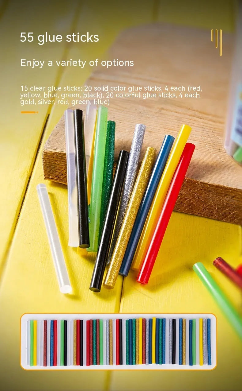 Transparent hot melt glue sticks in packaging, 55-piece set with 7mm diameter