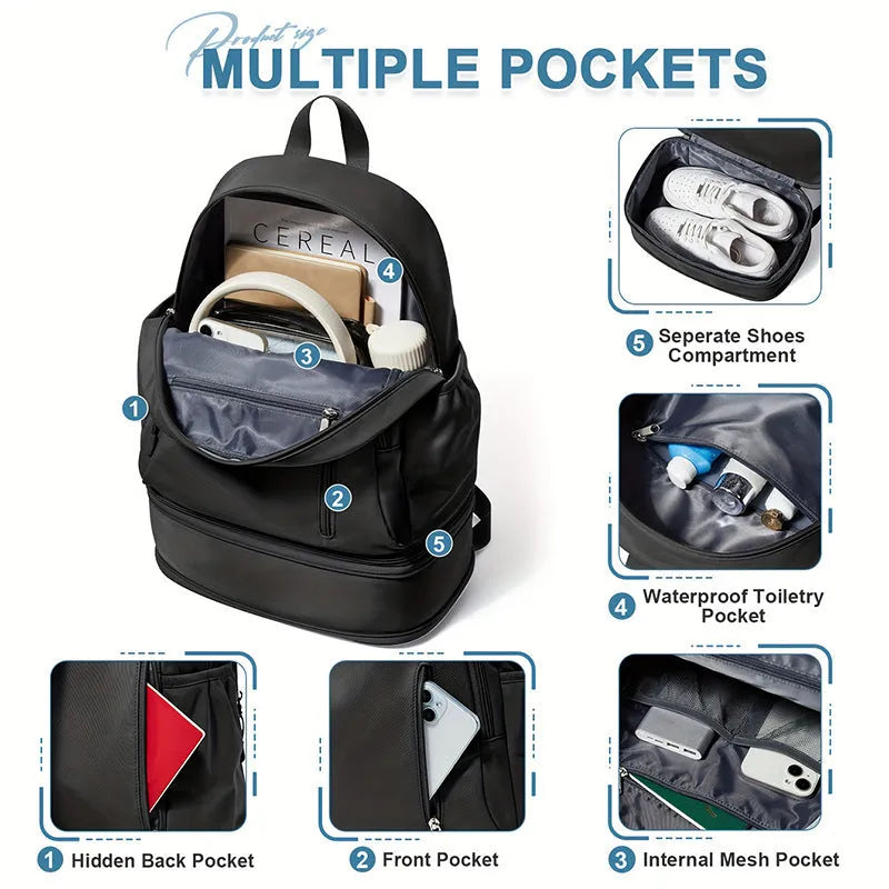 Women's casual backpack in black with curved adjustable shoulder straps showing stitching details
