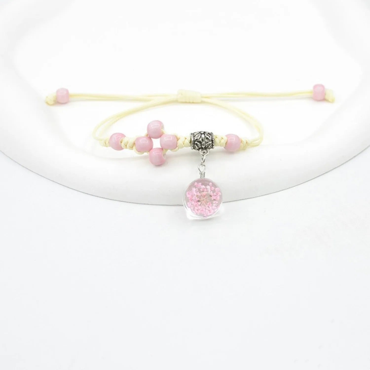 Glass dried flower bracelet with real preserved flowers and lace trim on large 1.4cm beads