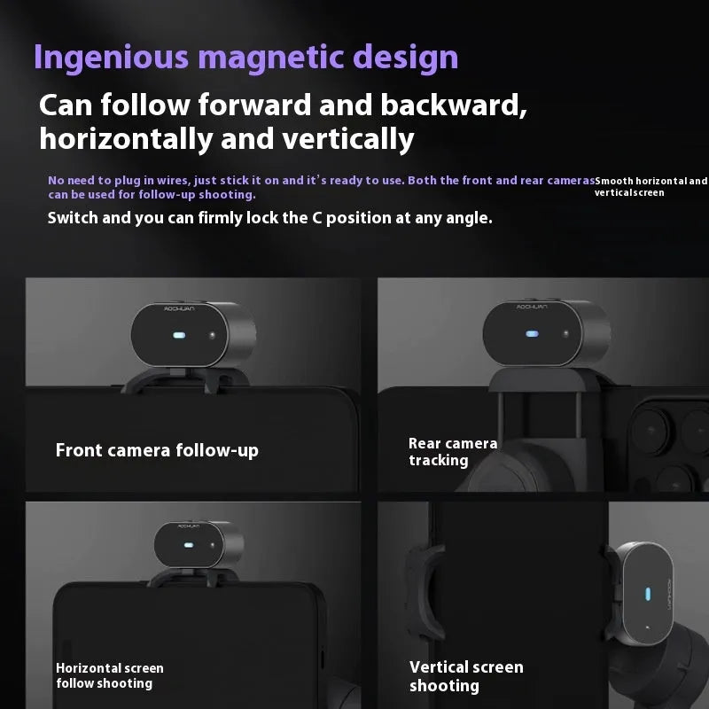 Black mobile phone stabilizer PTZ gimbal with AI tracking module and tripod on a flat surface