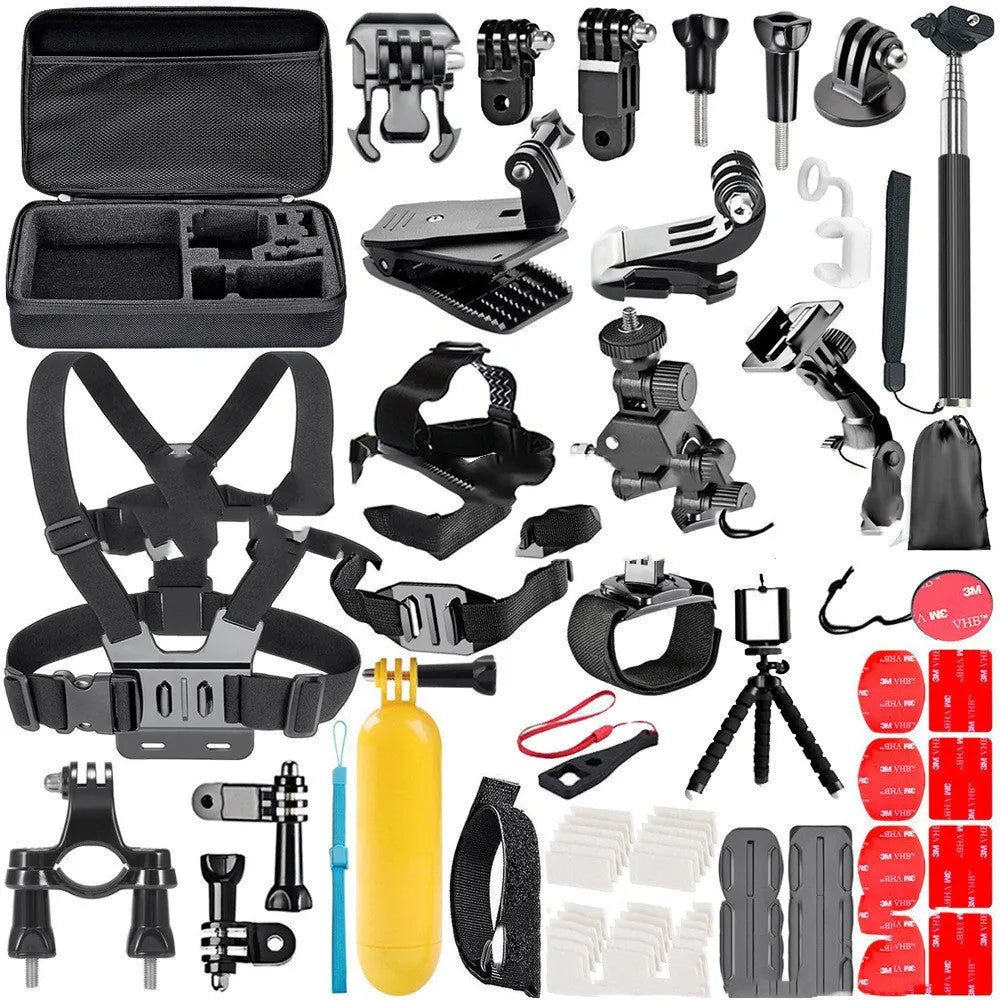 Black GoPro accessories set with chest strap and helmet mount compatible with Hero 4, 3, and 2 action cameras