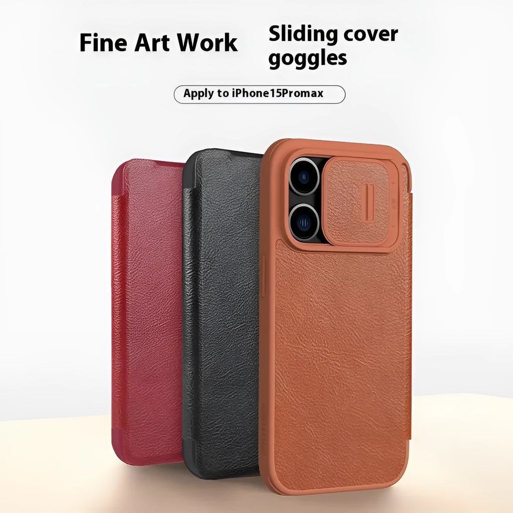 iPhone 15 imitation leather flip case shown in black, brown, and red colour options.