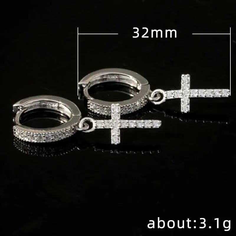 Gold and white copper cross earrings with zircon and gold-plated inlaid artificial gems