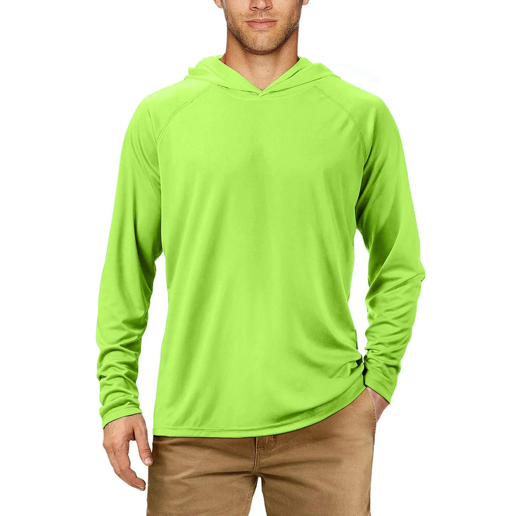 Man wearing a slim-fit hooded sun protection suit in Army Green colour for outdoor fishing or hiking.