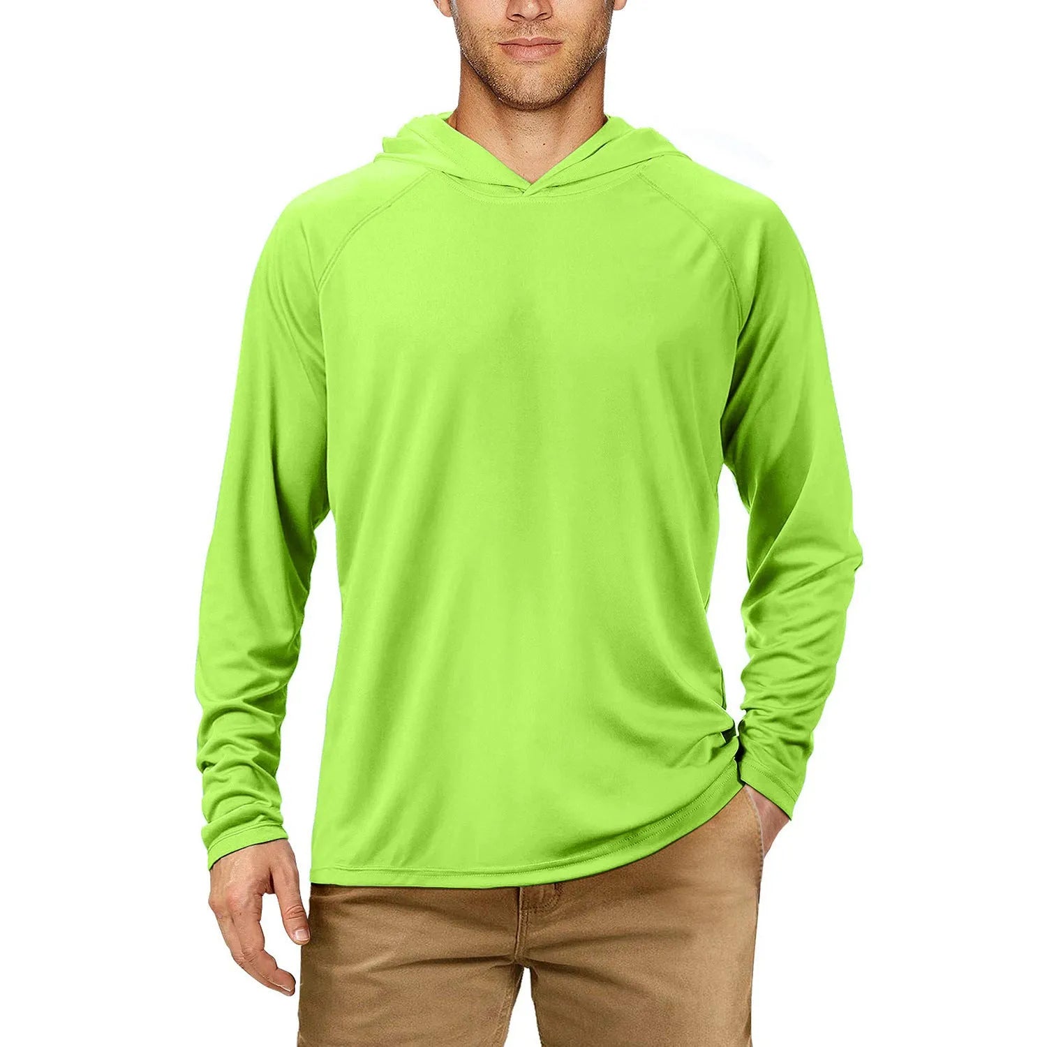 Man wearing a slim-fit hooded sun protection suit in Army Green colour for outdoor fishing or hiking.
