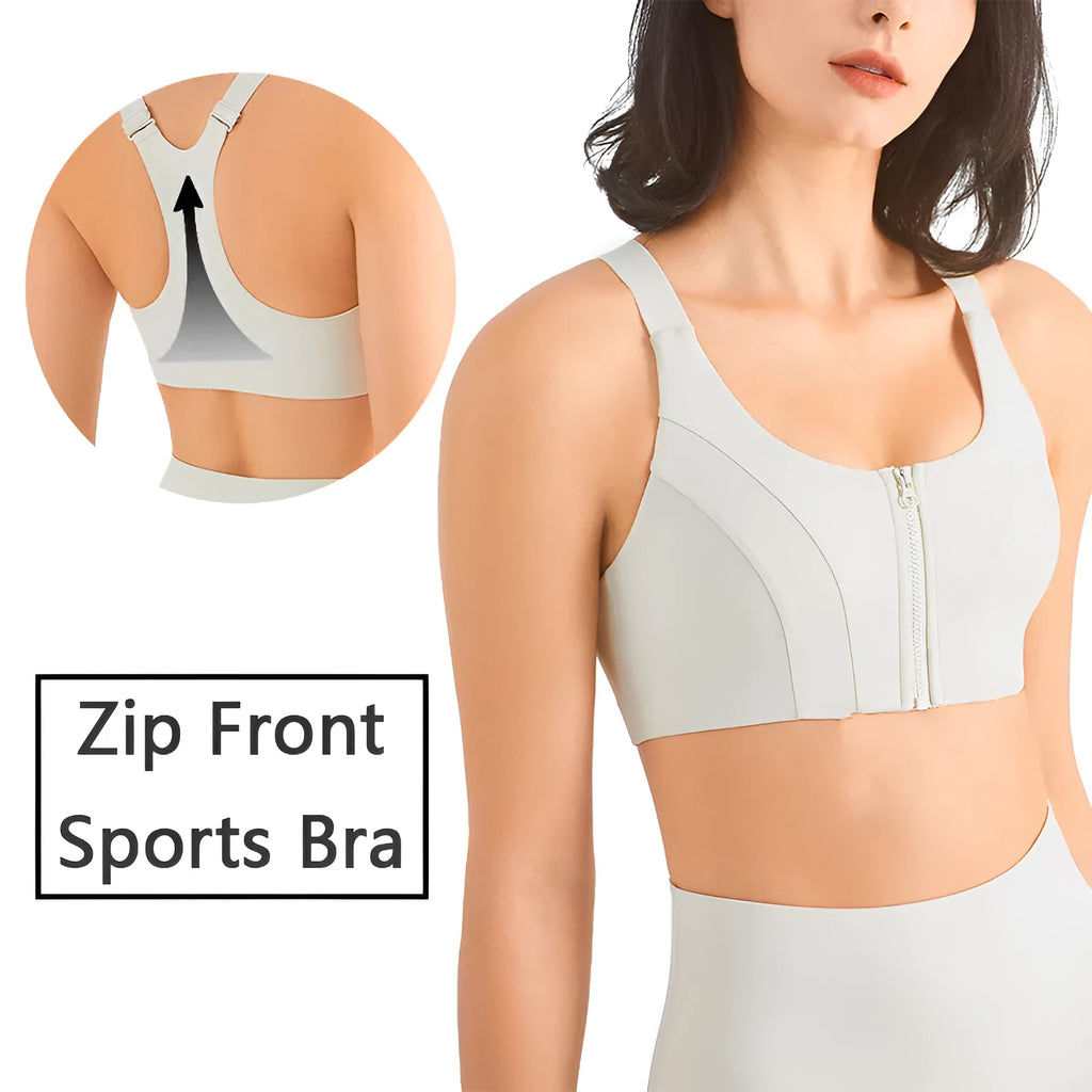 Zip front sports bra in Rhino Grey with racerback and mesh back panel for breathability