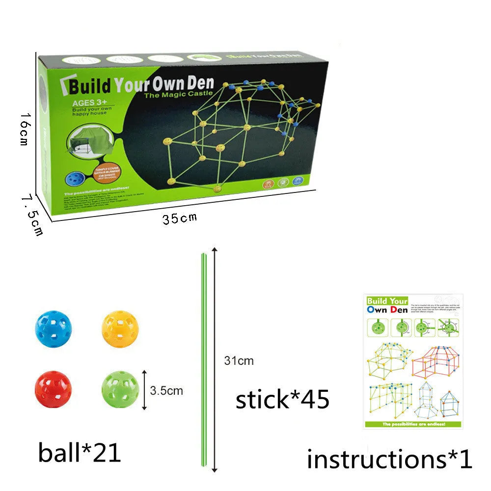 Luminous children's fort building kit with plastic sticks and connector balls for constructing castles and play tents