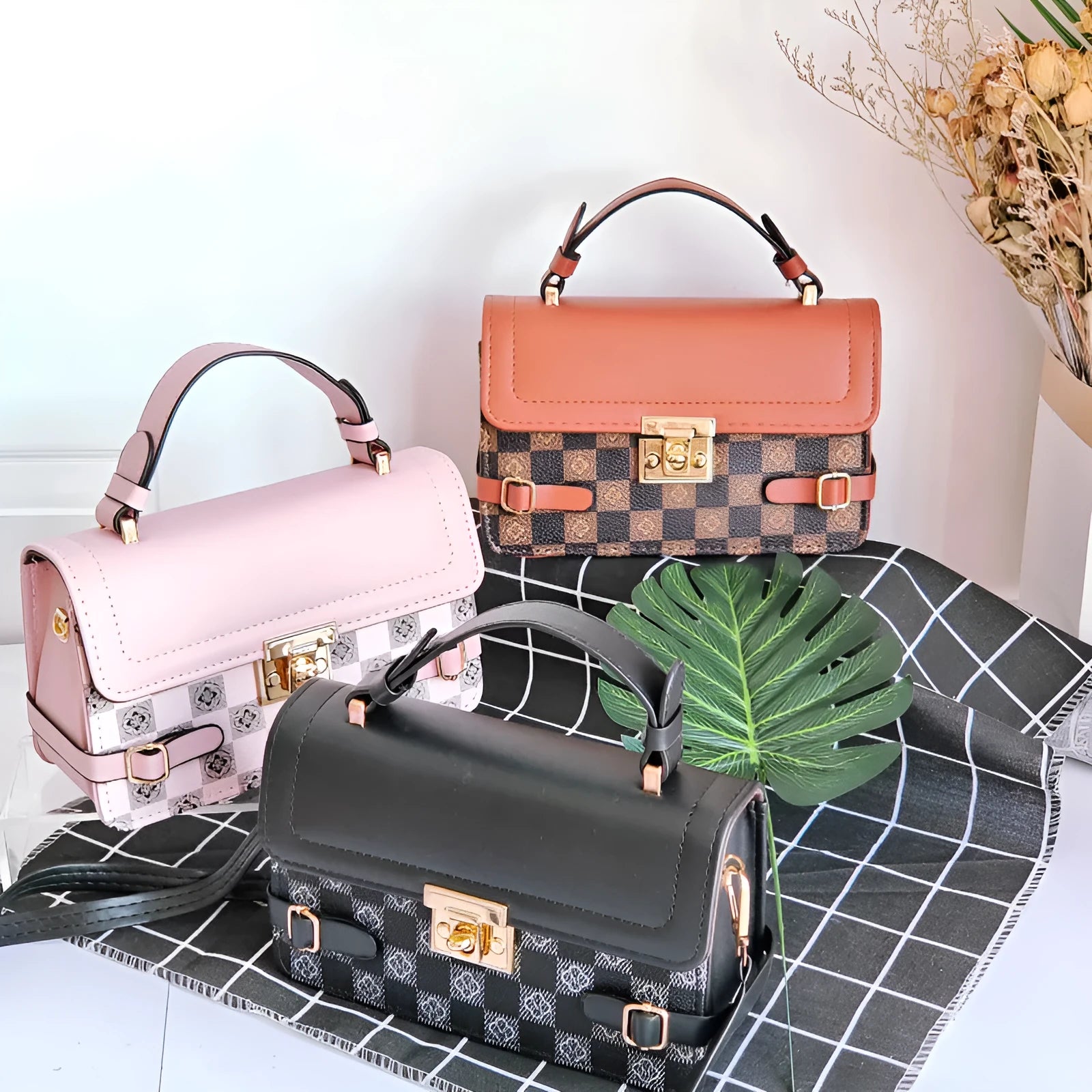 A retro-style apricot PU crossbody bag with a square shape, decorative stitching, and a visible file compartment inside.