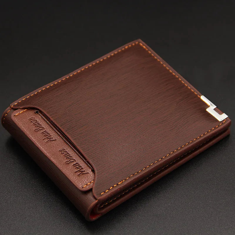Men's iron-edge card-picking wallet in PU leather showing compact 12cm design with card organisation features