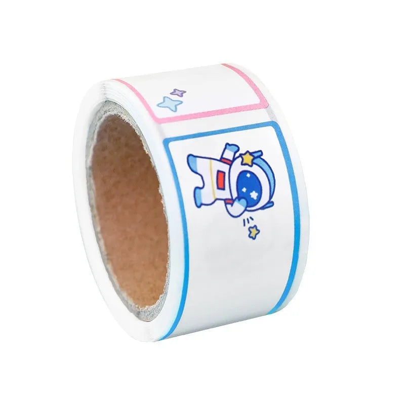 Roll of cartoon name tape stickers showing dinosaur, astronaut, rabbit, and girl design options