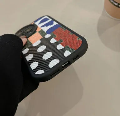 Art colour contrast patchwork TPU phone case in black leather style with fabric stitching for Apple iPhone