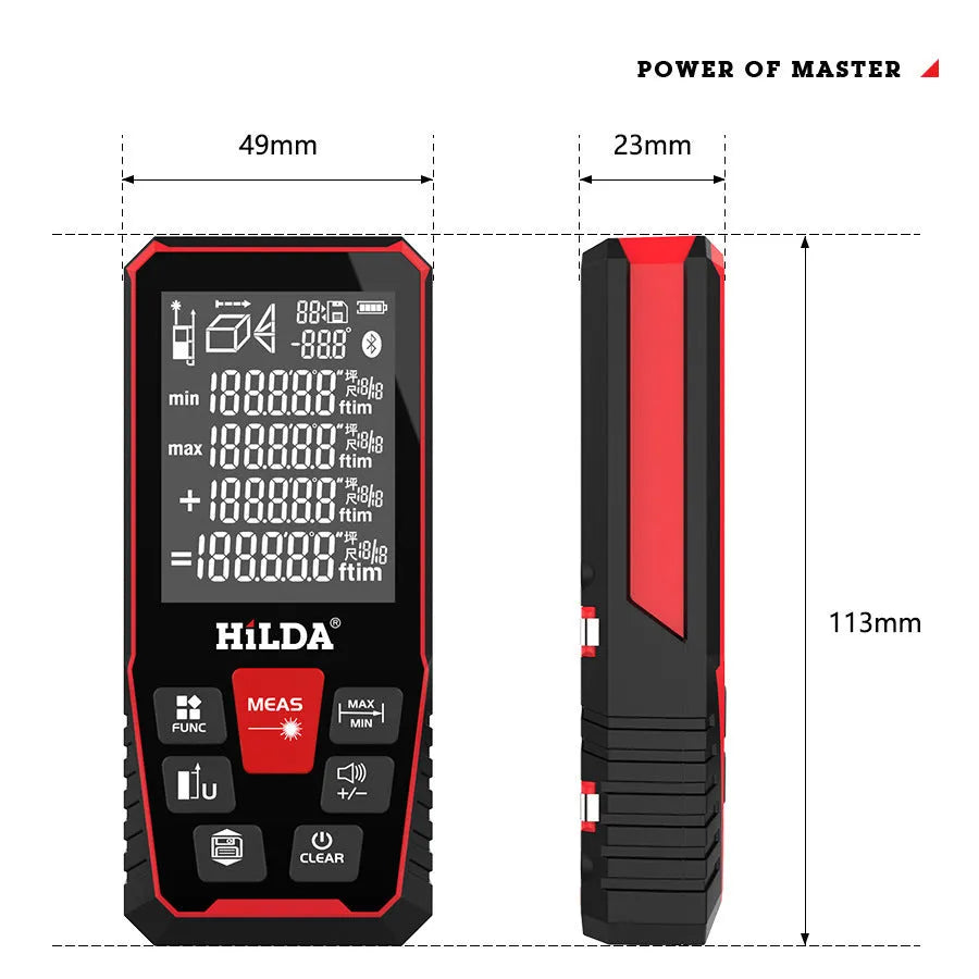 Handheld plastic laser rangefinder for distance measurement up to 100 or 120 metres.