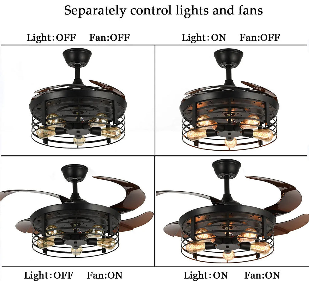 Industrial-style ceiling fan light with acrylic blades and shade, mounted flush to a white ceiling, with a remote control.