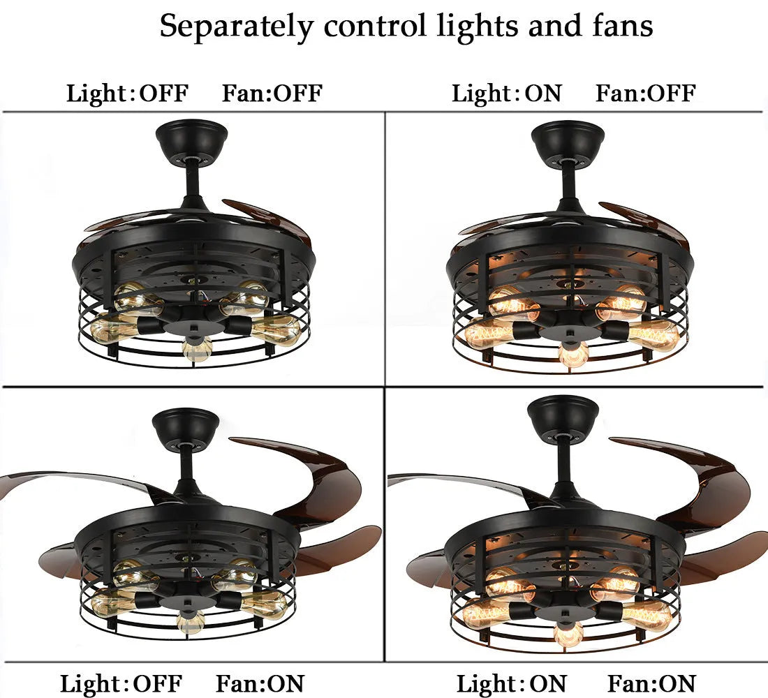 Industrial-style ceiling fan light with acrylic blades and shade, mounted flush to a white ceiling, with a remote control.