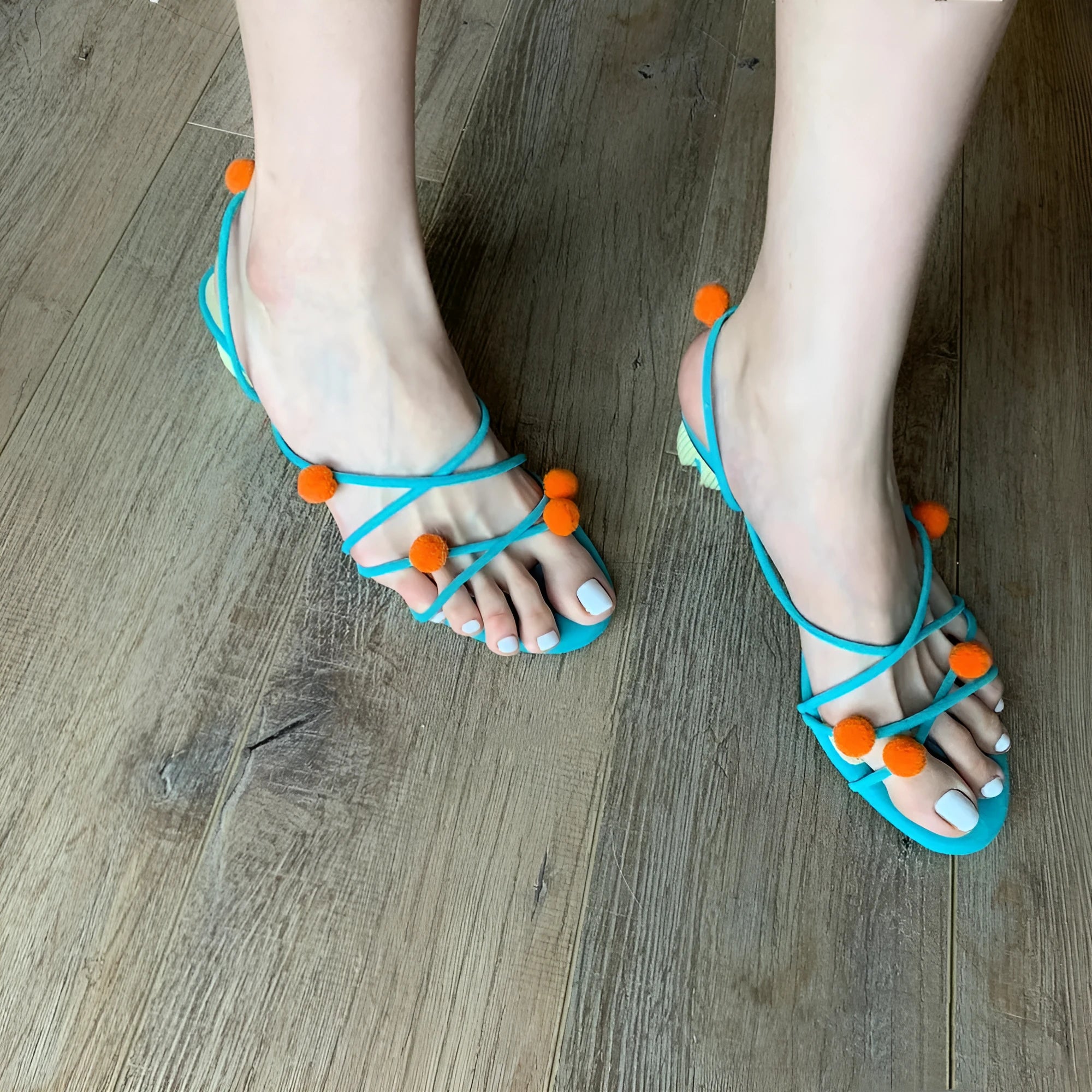Cyan-coloured women's lace-up heeled sandals with thin straps and open toe design