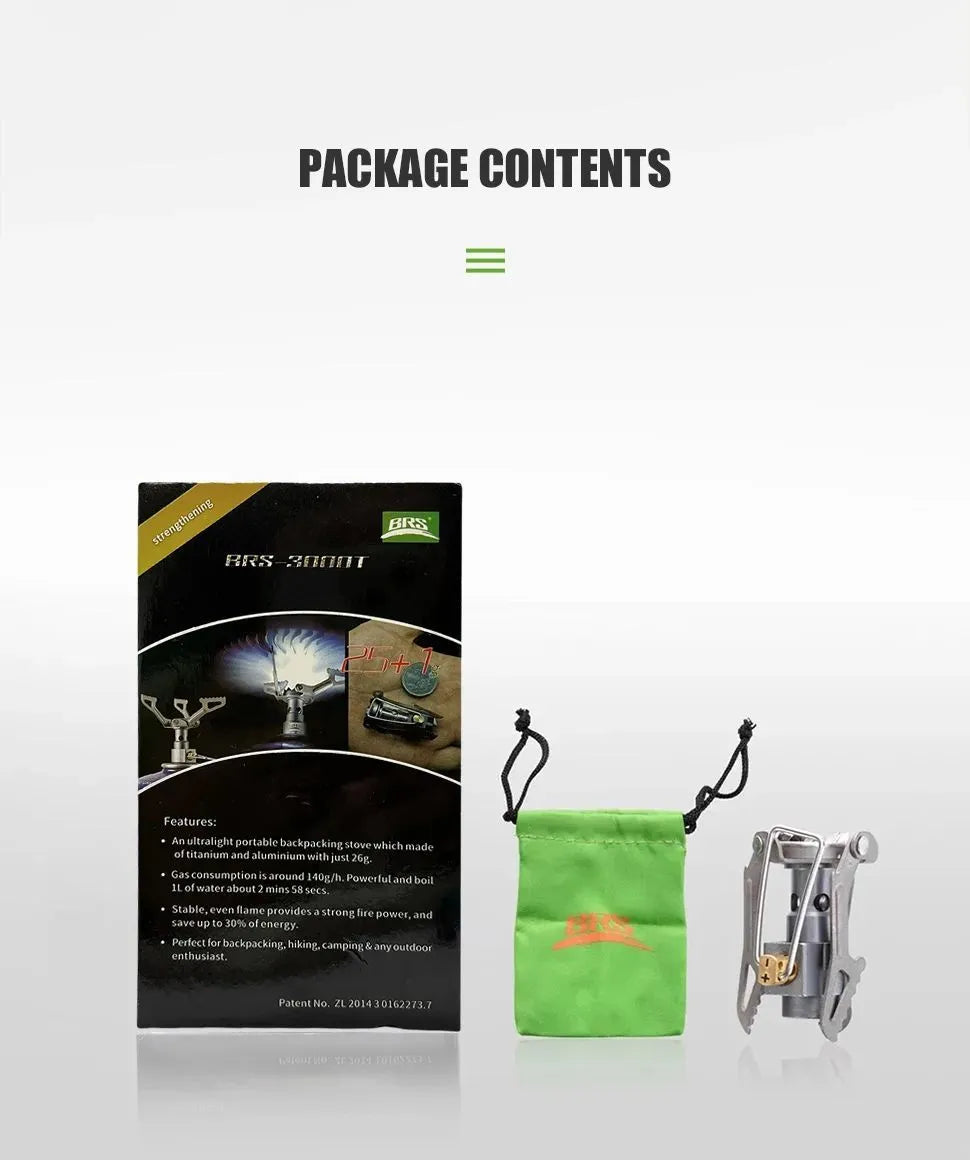 BRS-3000T ultralight titanium camping gas stove, 26g, folded size 37mm x 52mm, with green pouch