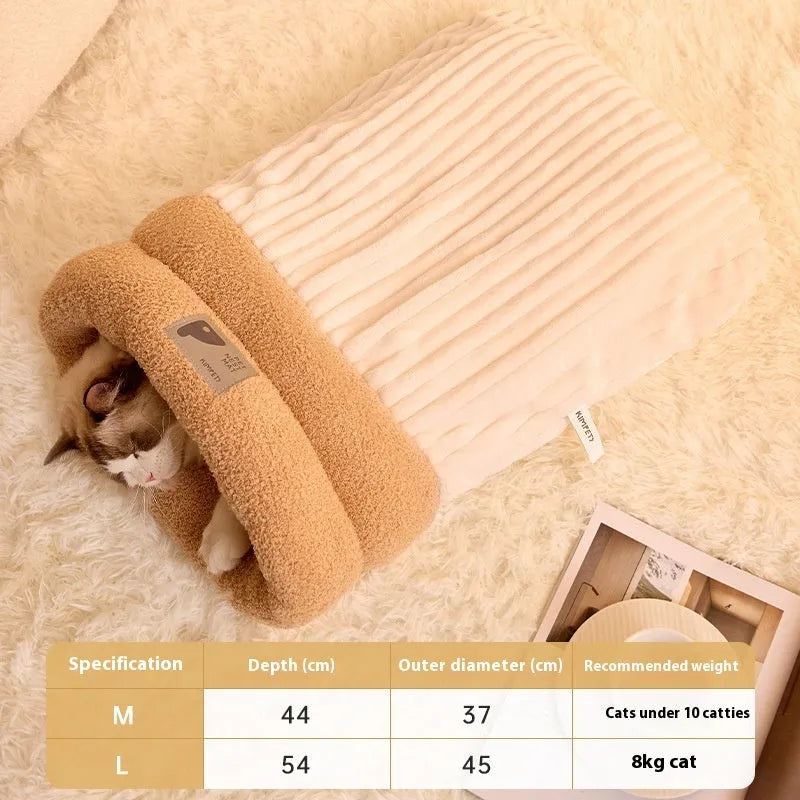 Brown semi-enclosed cat sleeping bag with plush cotton velvet and lambswool construction on a wooden floor.