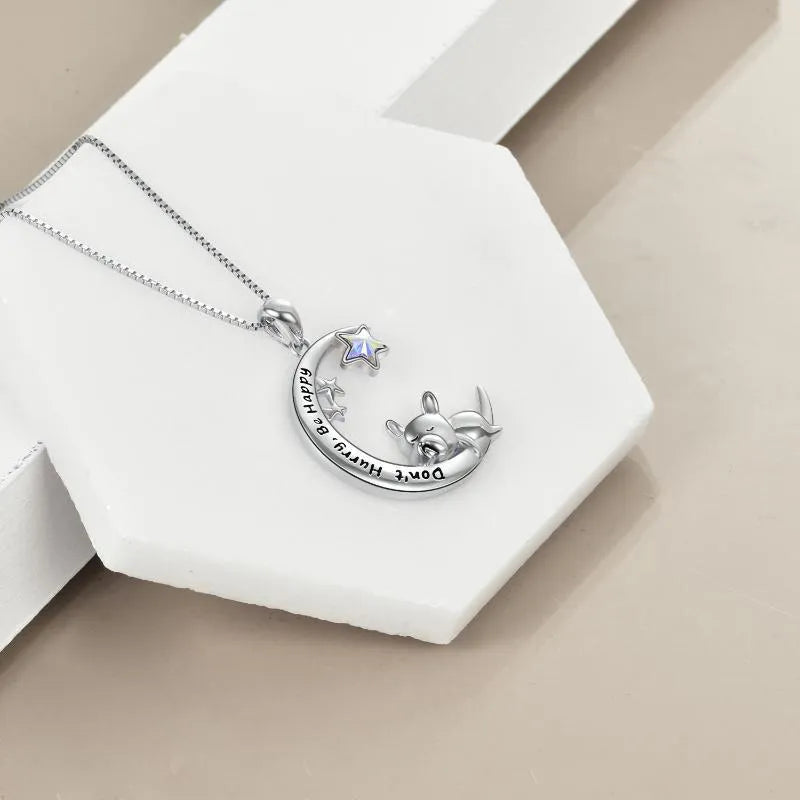 Sterling silver French Bulldog moon pendant necklace with crystal accent on 18-inch box chain