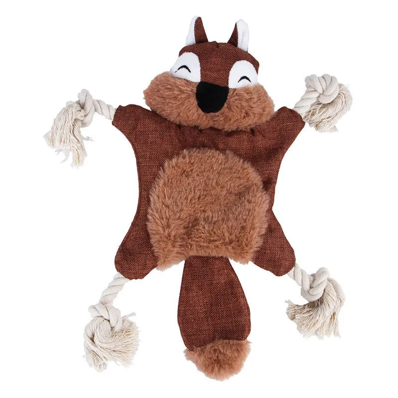 Plush squeaky dog toy set with fox, squirrel, monkey, and other animal shapes on a light background