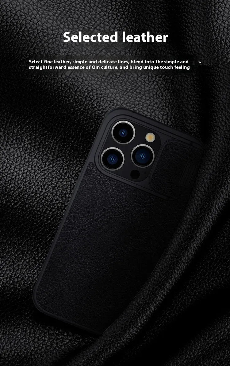 iPhone 15 imitation leather flip case shown in black, brown, and red colour options.