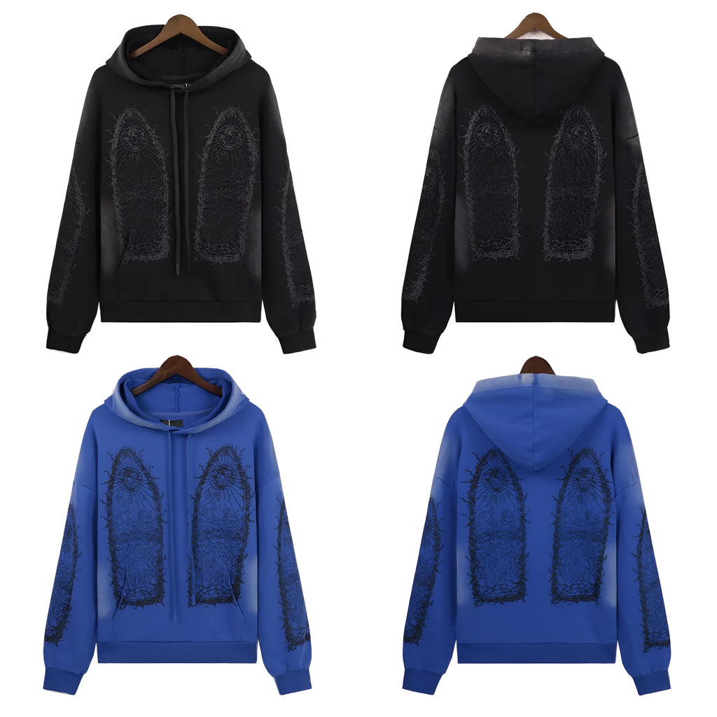 Washed distressed sweatshirt with heavy-duty classic print, cotton terry, loose fit, black or blue, sizes S-XL