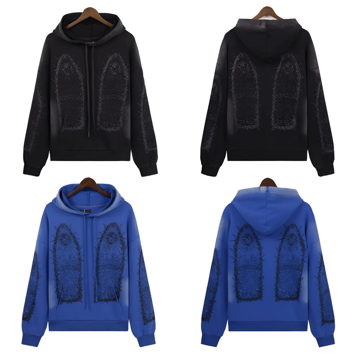Washed distressed sweatshirt with heavy-duty classic print, cotton terry, loose fit, black or blue, sizes S-XL