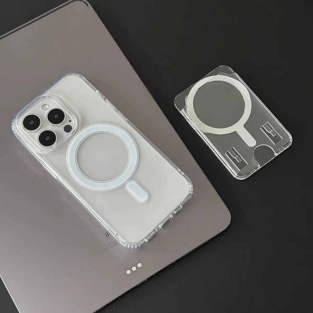 Transparent acrylic iPhone case with white wallet card holder and full-coverage anti-drop cover.