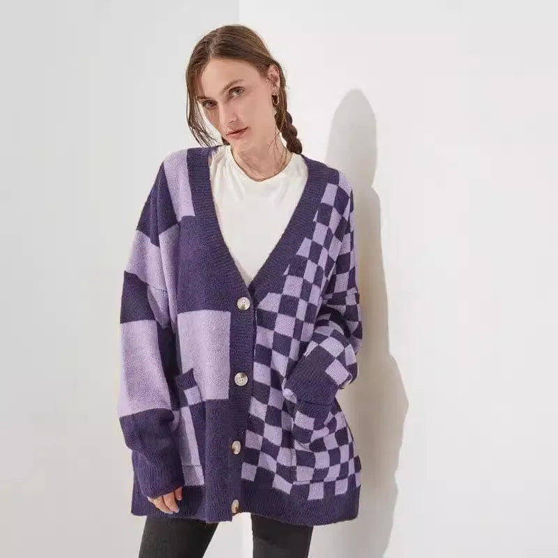 Loose fit printed checks cardigan knitwear in wine red colour with regular sleeves