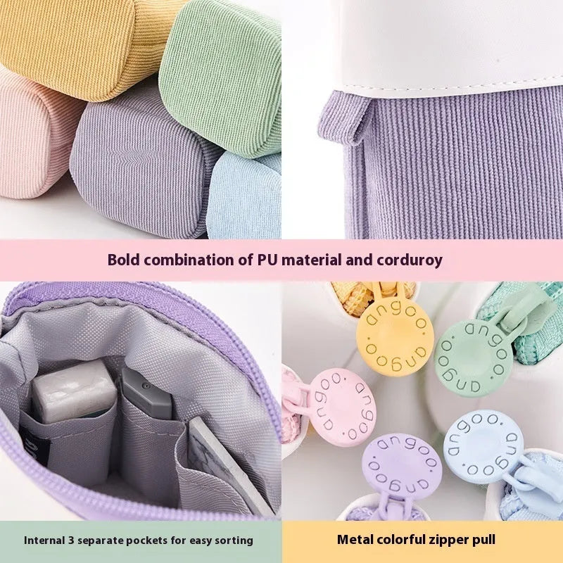 Korean style corduroy stationery case with a drop-down telescopic design in various colours.