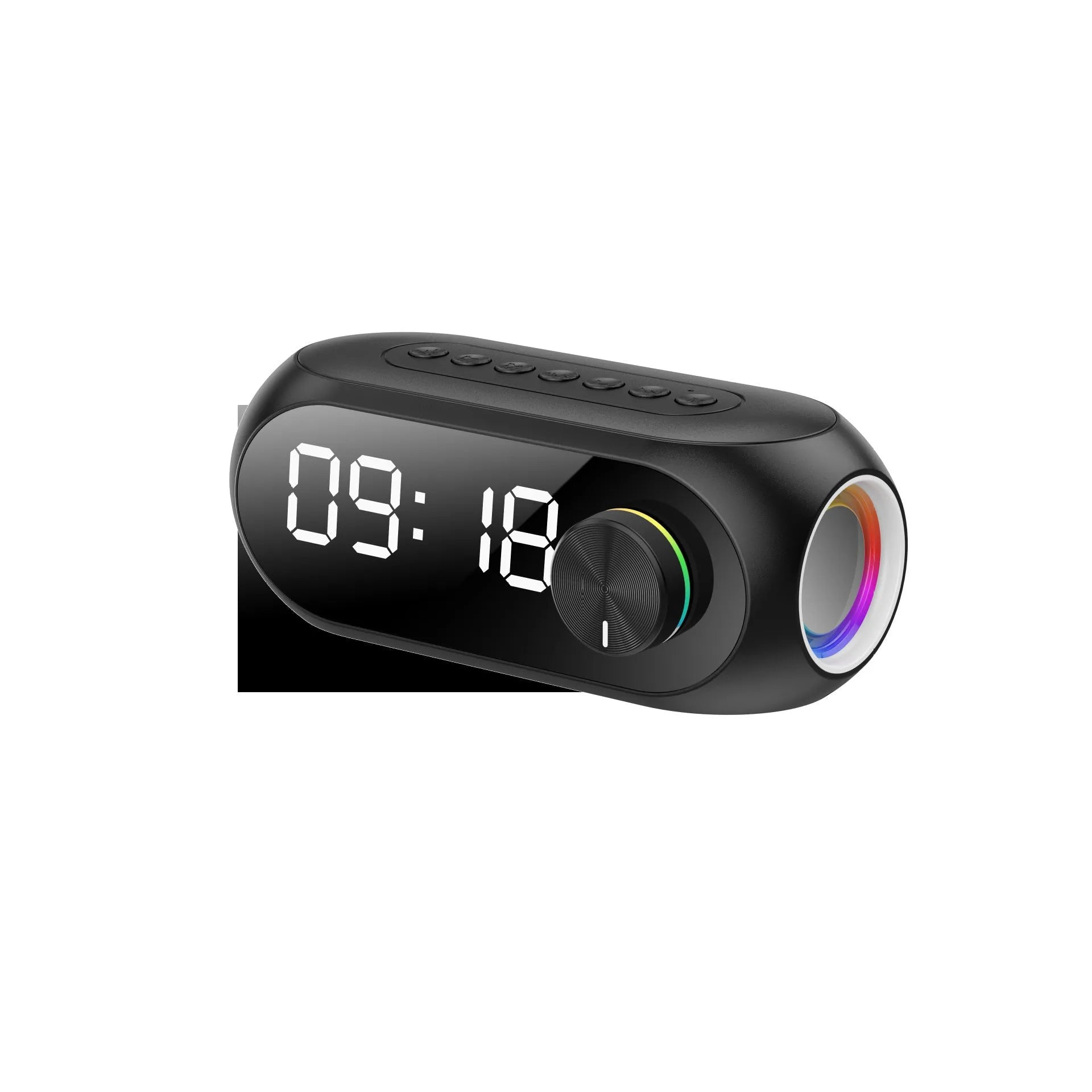 Extra bass portable mini clock Bluetooth speaker in black, blue, or white with USB charging cable.