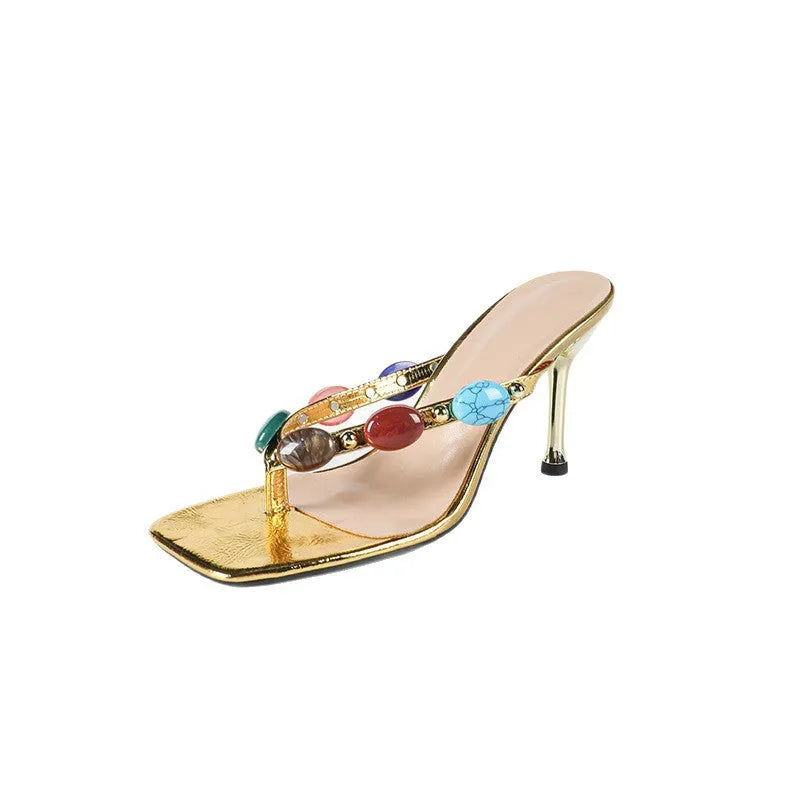 Gold women's bohemian sandals with coloured rhinestones, square toe, PU lining and plastic sole, sizes 35-43