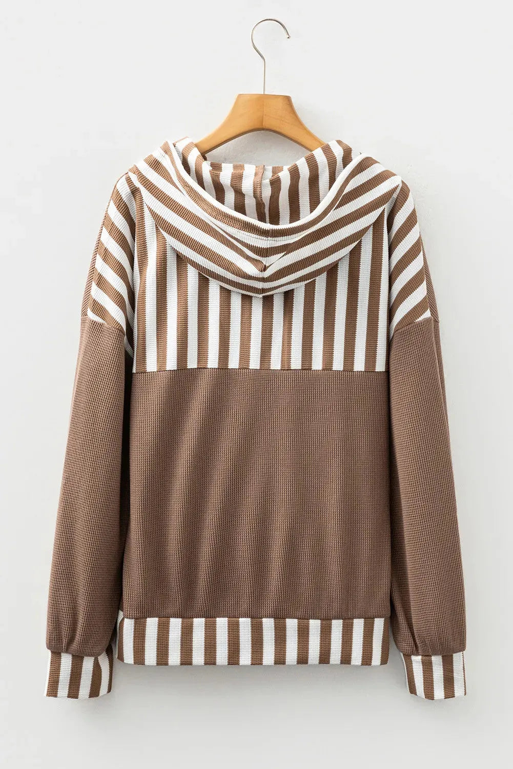 Straw yellow waffle texture striped hoodie with a button neck and drawstring hood.
