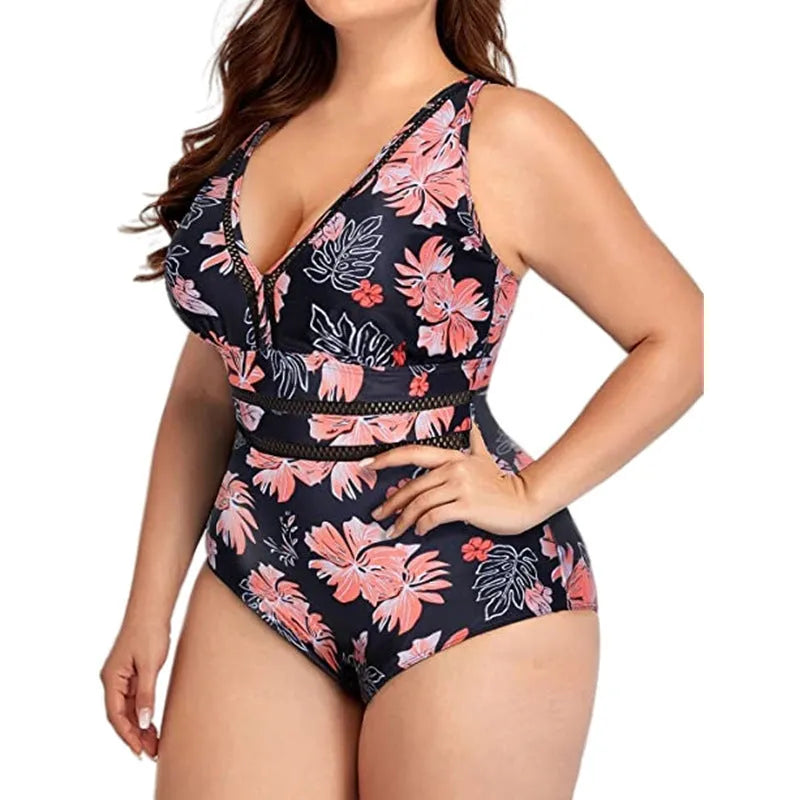 Plus size black print women's bikini swimsuit made from polyester mesh fabric.
