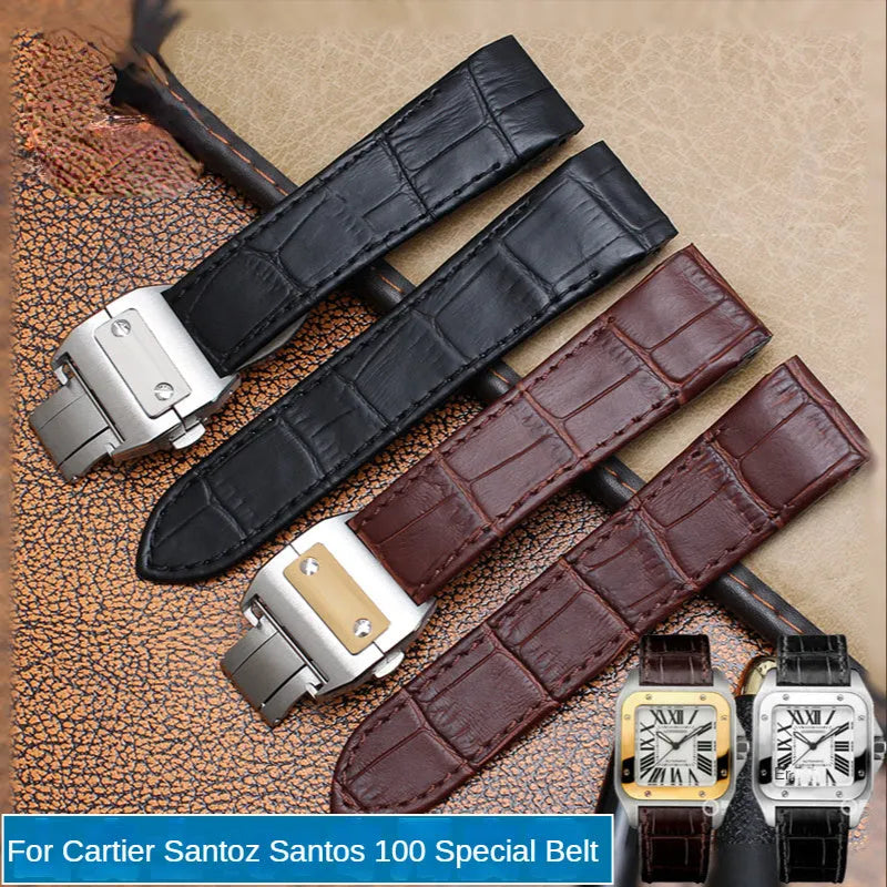 Genuine leather watch band for Santos 100 in black with steel buckle